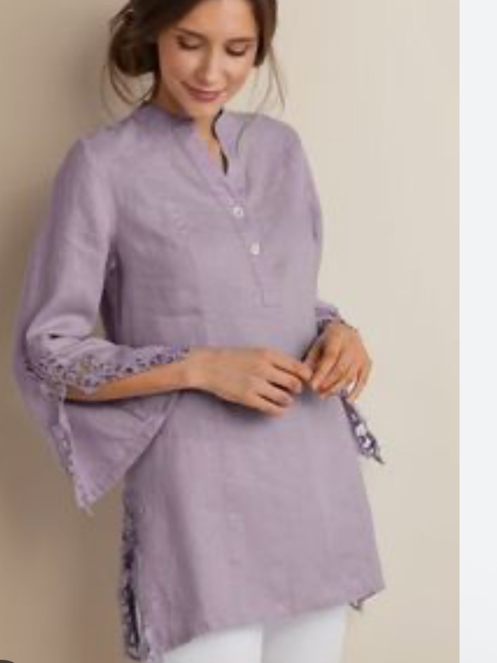 Soft Surroundings Lavender Lace-Trim V-Neck Tunic Top Blouse Medium